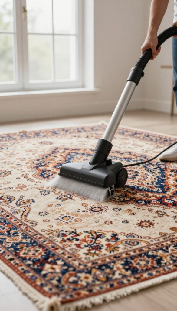 Professional rug cleaner using steam cleaning machine on an antique rug in a sunlit room