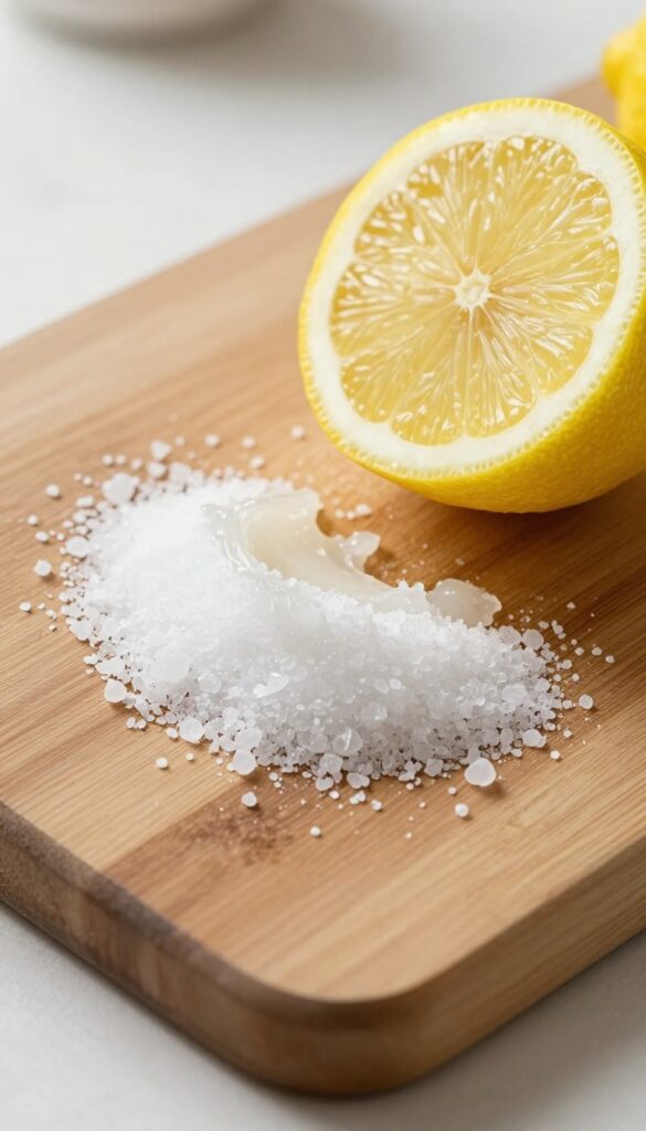 Wooden cutting board with salt and lemon for cleaning