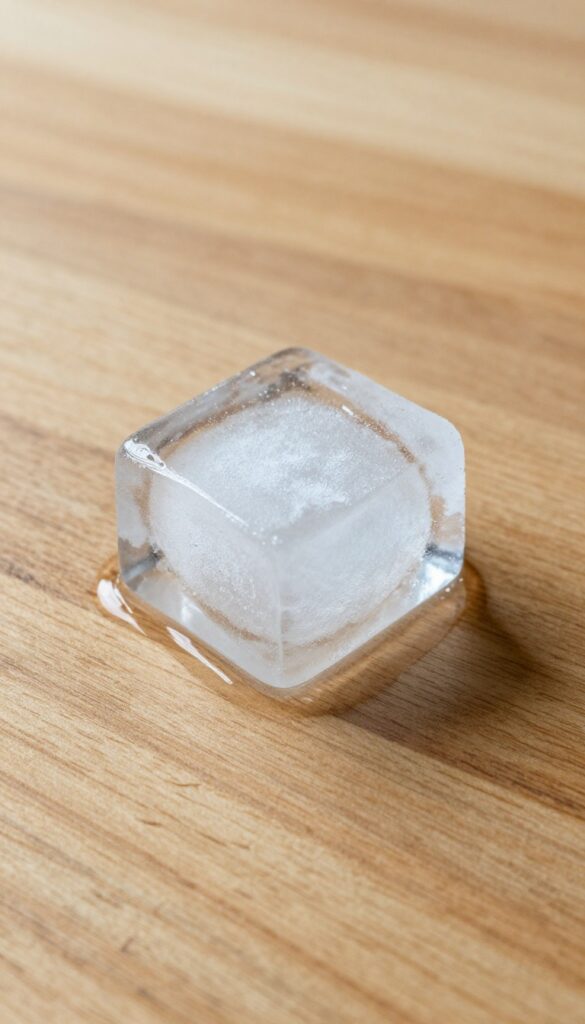 Ice cube on chewing gum stuck to wooden table surface