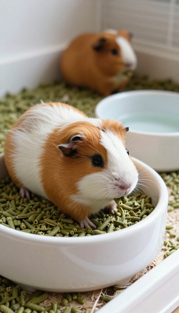 Ceramic food and water bowls in a guinea pig cage, with natural lighting and soft bedding.