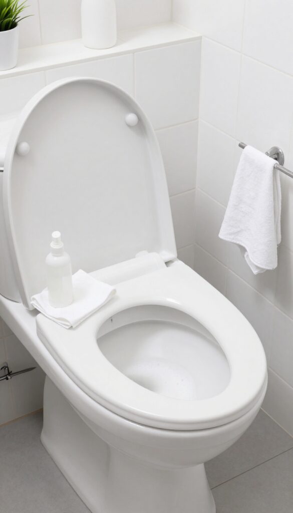 A clean white toilet with cleaning supplies on the lid and foaming cleaner in the bowl, bright natural light, no text.