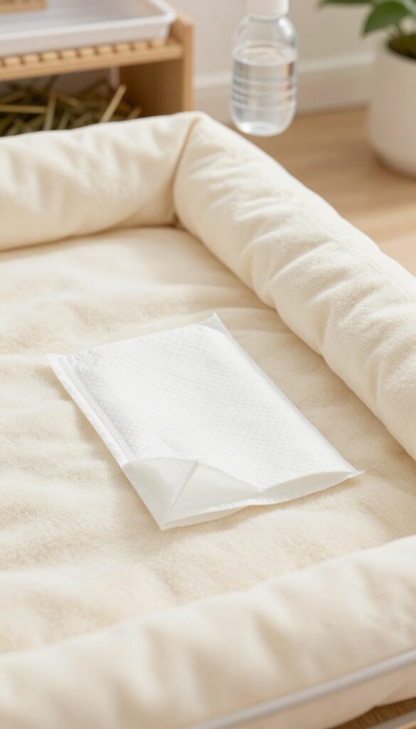 Guinea pig cage with fleece liner and built-in pee pad pocket, showing a fresh pad partially inserted.