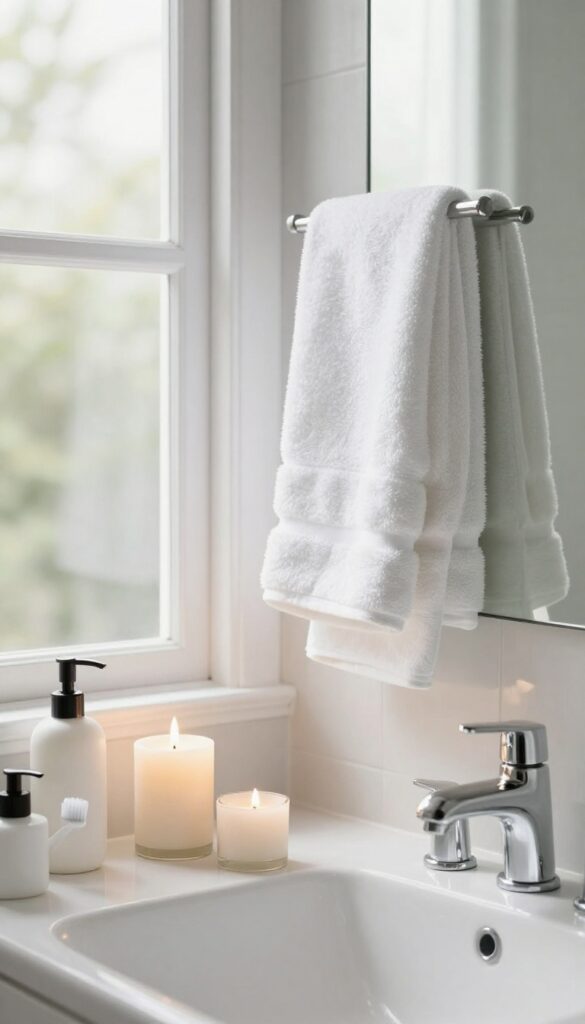 Bright bathroom with open window, fresh towels, candle, and neatly arranged toiletries, airing out after deep cleaning.
