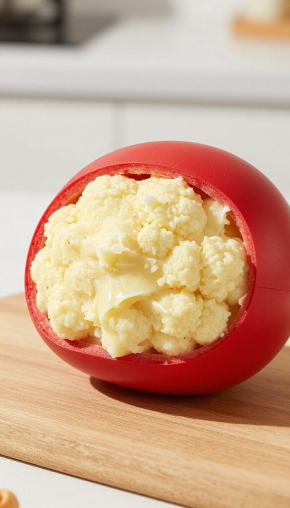 A red Kong toy stuffed with a creamy cauliflower and peanut butter mixture, resting on a wooden surface, with soft natural lighting.