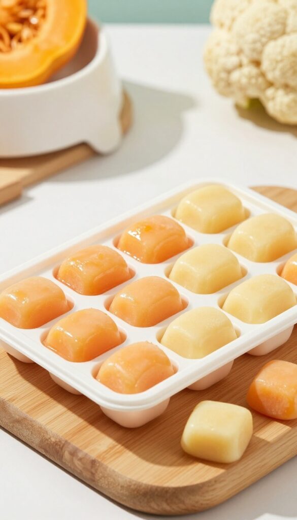 Frozen cauliflower and pumpkin cubes in a silicone ice cube tray on a wooden board, with a dog bowl and fresh ingredients in the background.