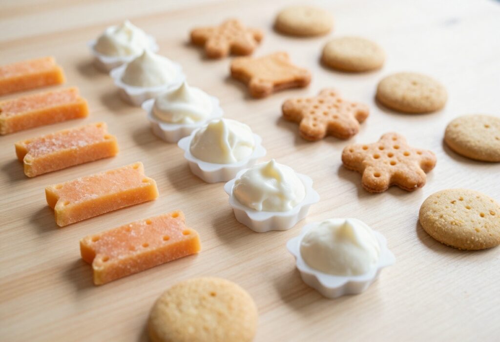 Homemade cantaloupe dog treats arranged on a wooden board, including frozen yogurt bites, dehydrated strips, and baked cookies.