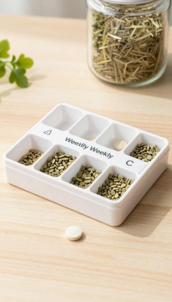 Weekly pill organizer filled with guinea pig pellets and vitamin C supplements on a wooden table, with hay jar in background.