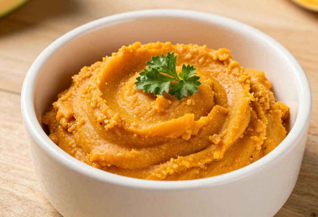 Homemade dog food mash in a bowl, pumpkin and turkey recipe, soft feeding for dogs