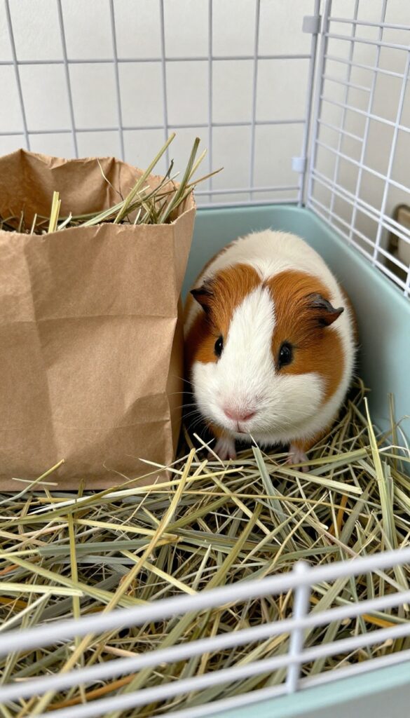 Guinea pig interacting with a paper bag hay dispenser near a hay rack in a cage