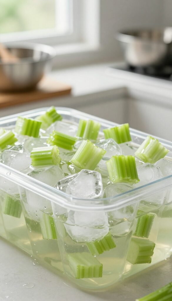 Homemade frozen dog treats: celery and chicken broth ice cubes in a tray, ready to serve as a cooling snack.