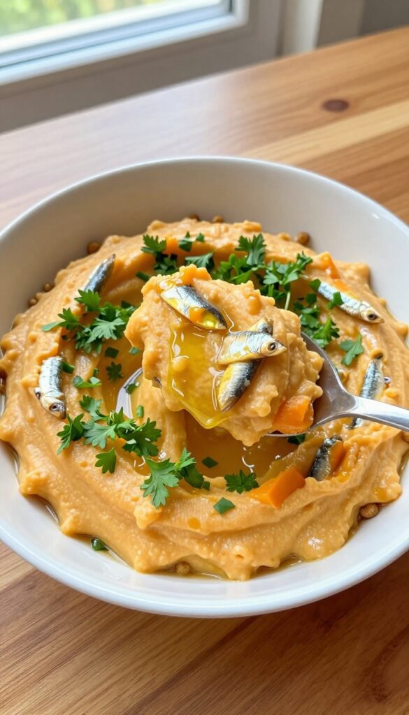 Homemade dog food topper of mashed sardines with pumpkin and parsley on kibble
