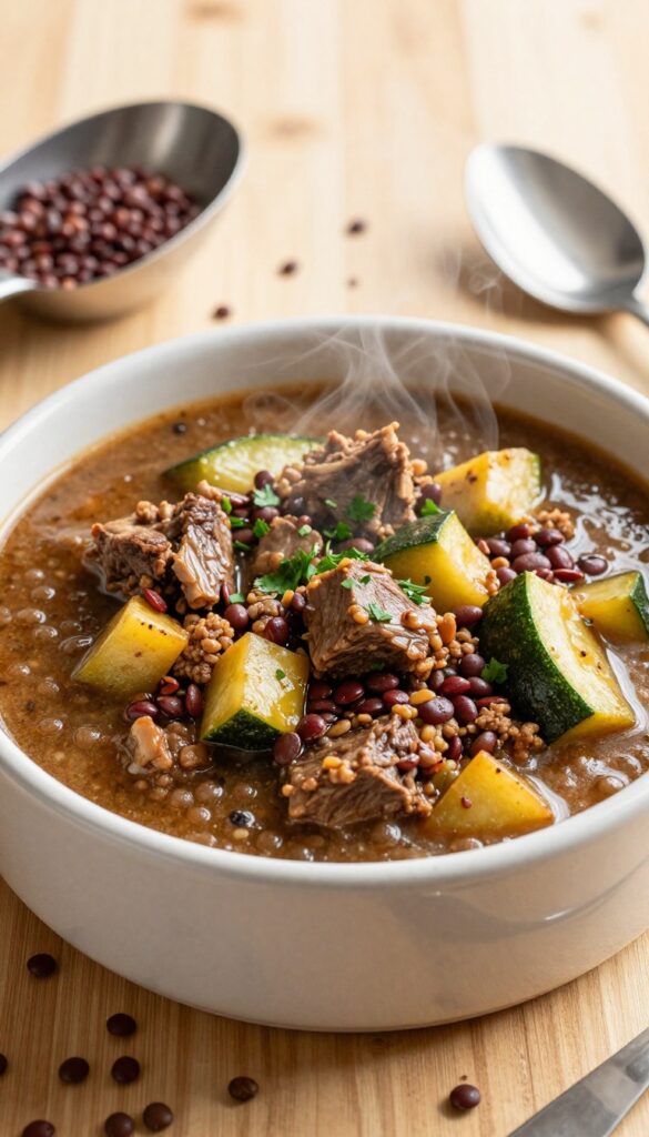 A dog bowl filled with warm lamb and lentil stew, topped with parsley, on a wooden table.