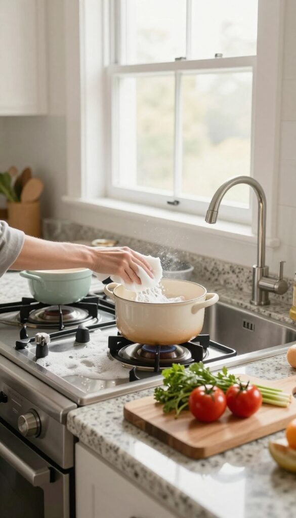 Clean as you cook kitchen with person wiping counter while food simmers
