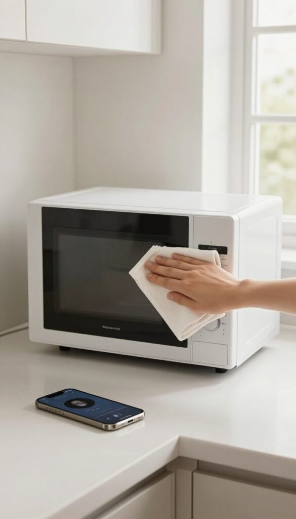 Person wiping inside of microwave in bright kitchen with podcast playing