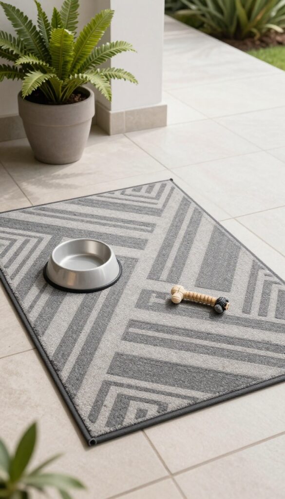Non-slip outdoor rug on apartment patio with dog bowl and toy