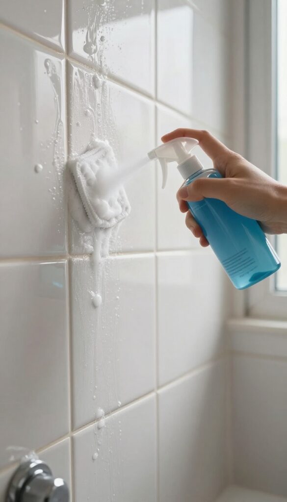 Close-up of rubbing alcohol spray cleaning soap scum off ceramic bathroom tiles with a microfiber cloth, bright natural light, streak-free shine.