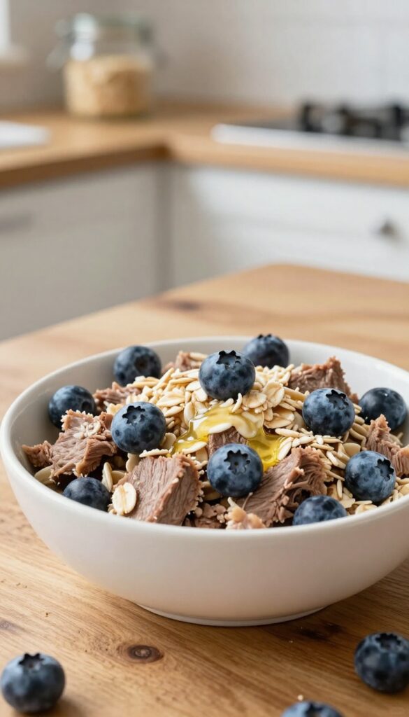 Homemade venison and blueberry dog food blend in a bowl, with oats and blueberries, on a wooden table in natural light.