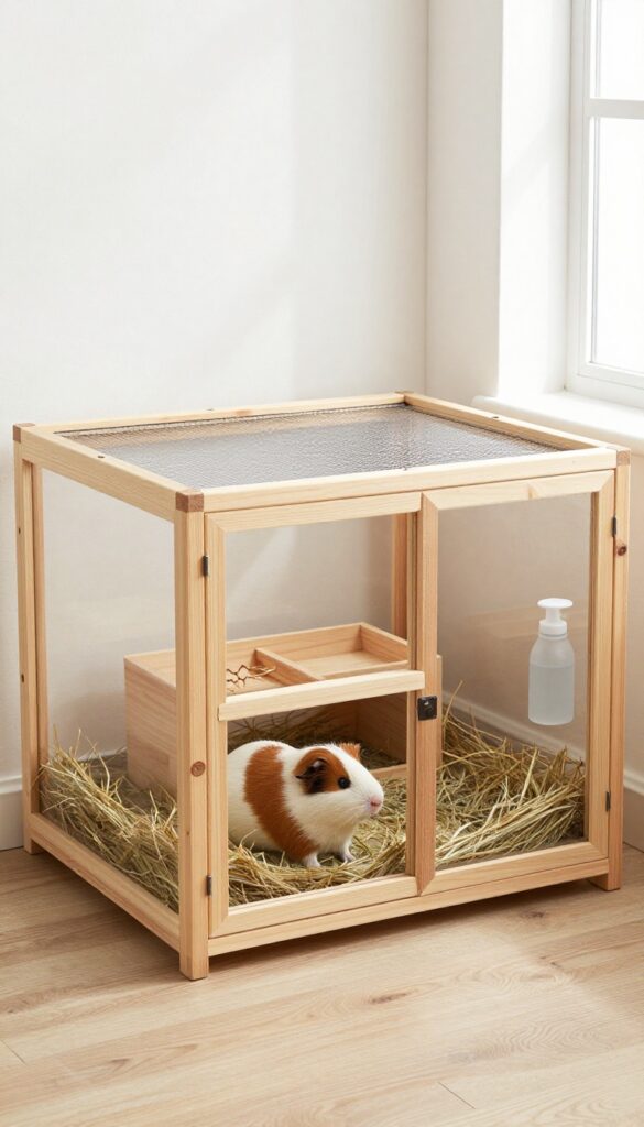 Custom wooden guinea pig cage with mesh top, fleece liners, hay rack, hideout, and water bottle in a bright room.