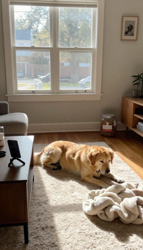 A day in the life video setup with a smartphone on a tripod filming a dog stretching on a rug in a sunny living room.