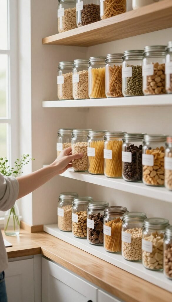 Organized pantry with clear bins and jars on clean wooden shelves, hand placing a jar, natural light.