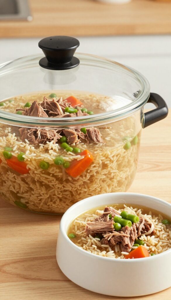 Slow cooker pork and rice stew for dogs in a dog bowl, with shredded pork, brown rice, green beans, and carrots.