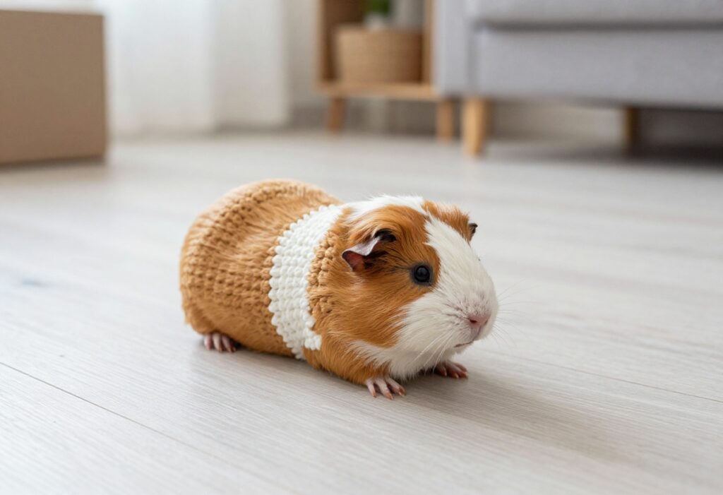 Crocheted guinea pig amigurumi on a cozy blanket