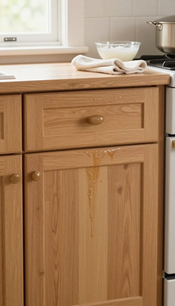 Close-up of kitchen cabinet doors being degreased, showing contrast between dirty and clean surfaces, with a cloth and soapy water nearby.