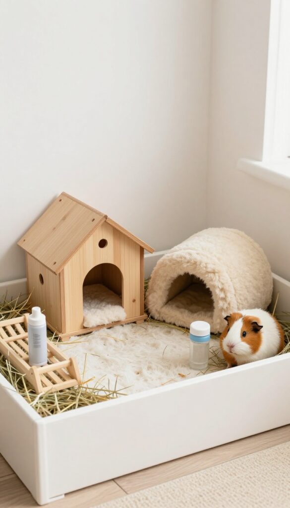 Cozy guinea pig hideout corner with wooden house, fleece tunnel, igloo, hay rack, and water bottle in a bright clean cage.