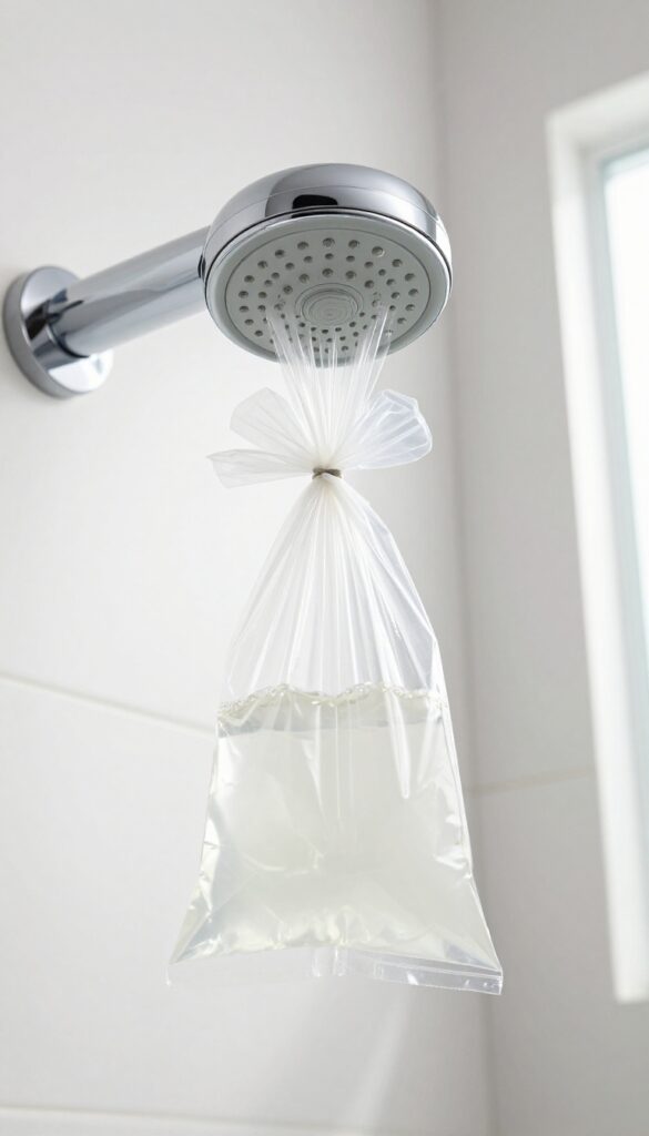 Shower head with plastic bag of vinegar soaking overnight to remove mineral deposits