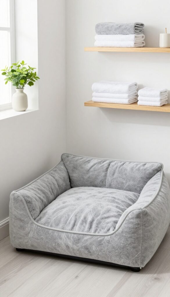 Washable dog bed with removable cover in a bright laundry room