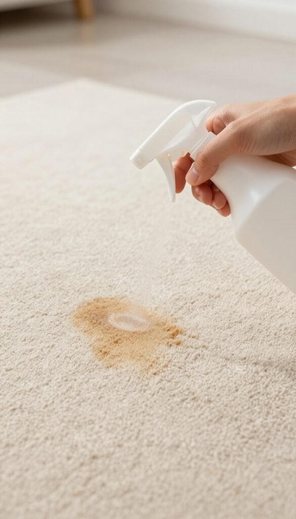 Person spraying enzymatic cleaner on a pet stain on a beige carpet