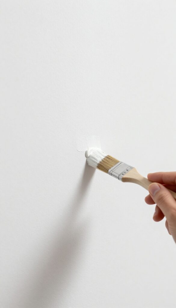 Person using a small brush to touch up a stain on a white wall