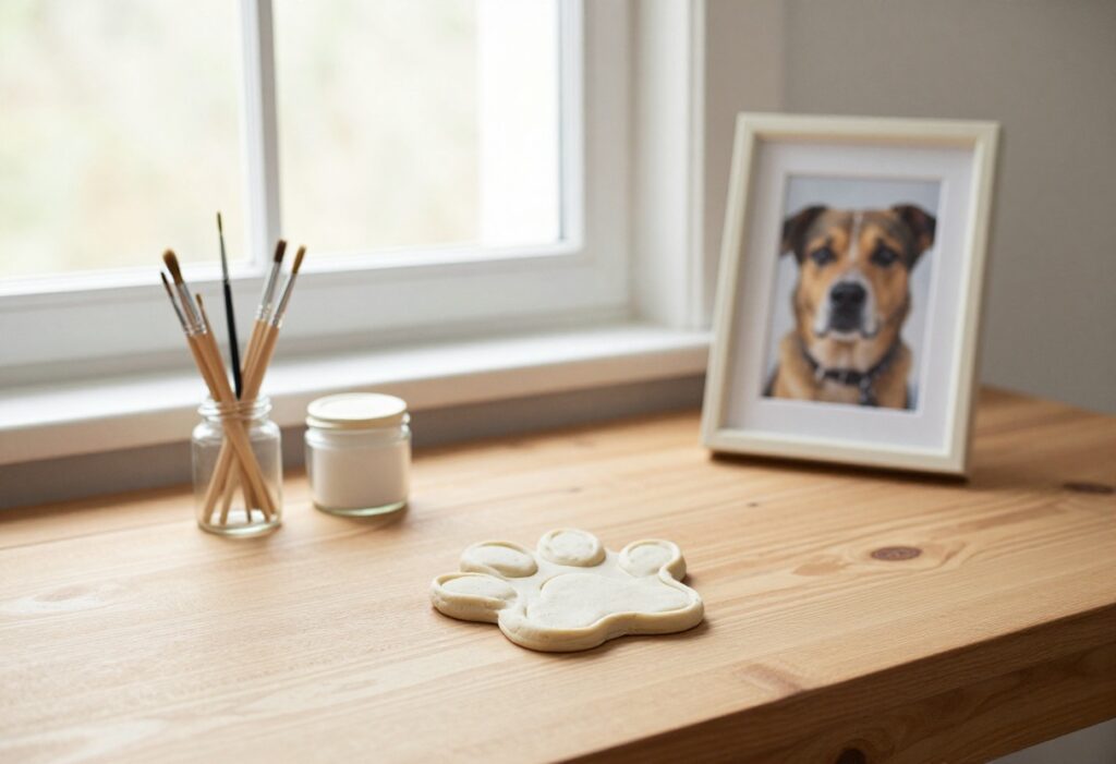 DIY dog memorial supplies including a salt dough paw print ornament, paintbrushes, and a framed dog photo on a wooden table.