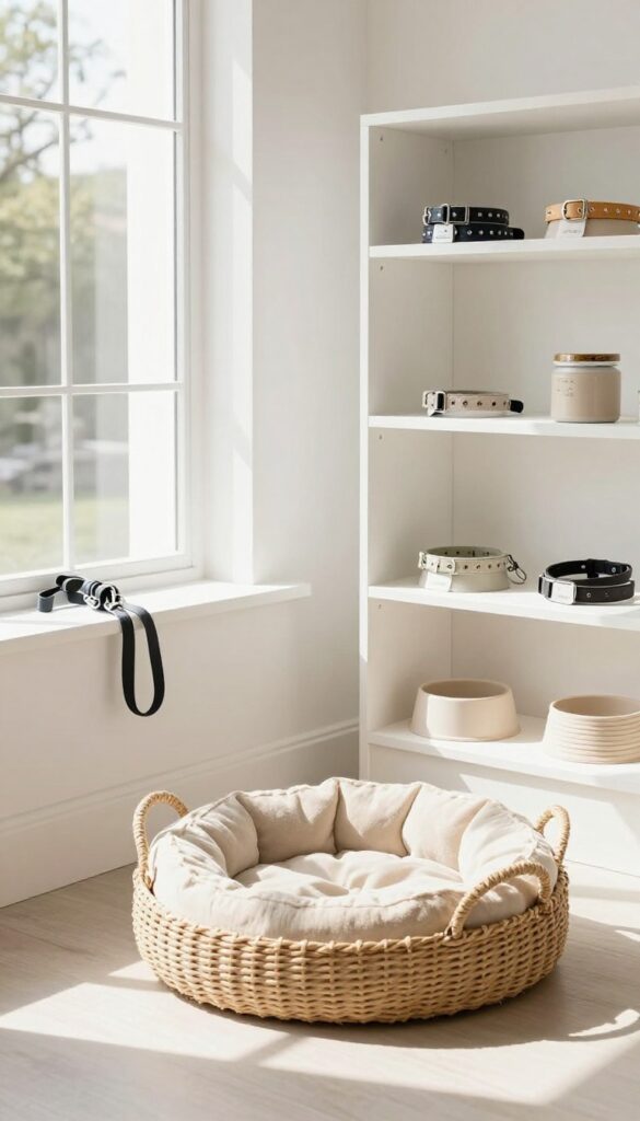 Curated luxury display layout in a dog boutique with minimalist shelving and natural light