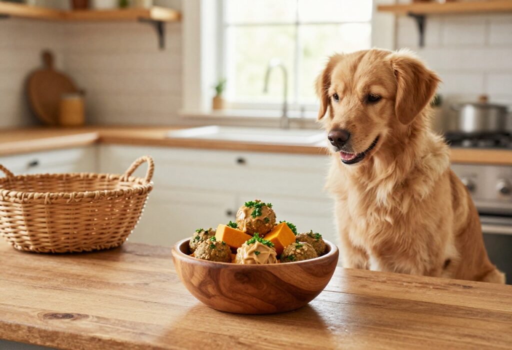 Homemade dog food balls in a wooden bowl with a dog watching nearby