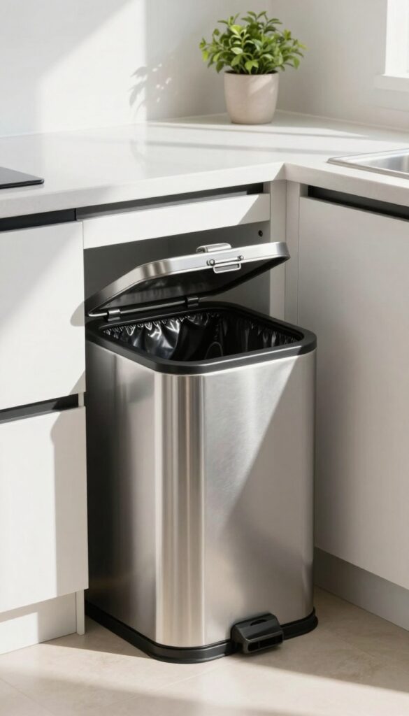 Empty trash can in a clean kitchen with natural sunlight