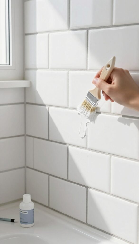 Applying white grout colorant to dark grout lines on white subway tiles with a brush, bright natural light, clean bathroom setting.