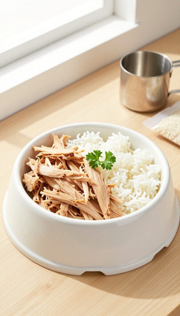 Homemade dog food bowl with boiled chicken and white rice on a wooden table, next to a measuring cup and bag of rice.