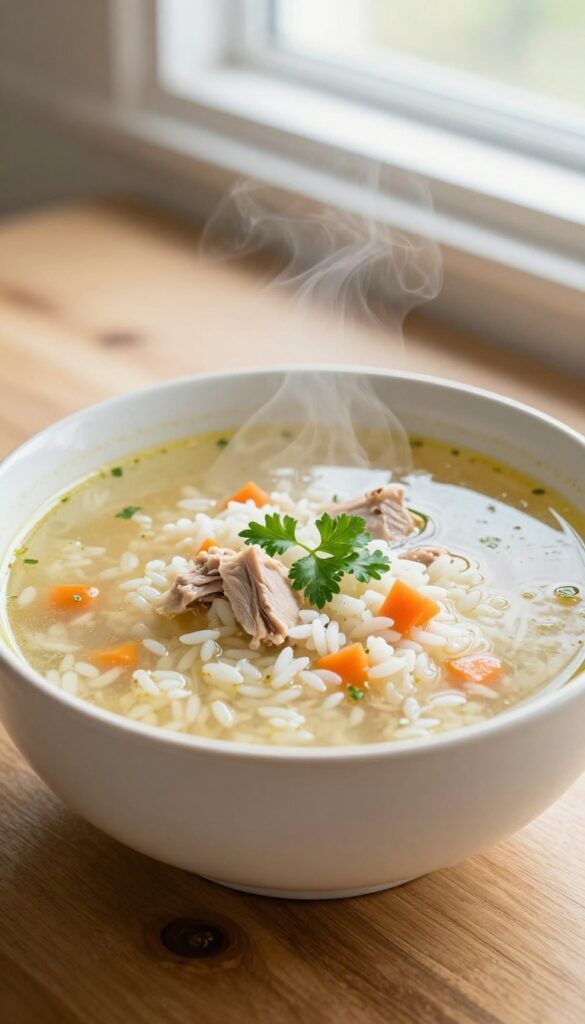 A bowl of homemade turkey and rice comfort soup for dogs, with broth, rice, turkey, and carrots, garnished with parsley, on a wooden table in natural light.