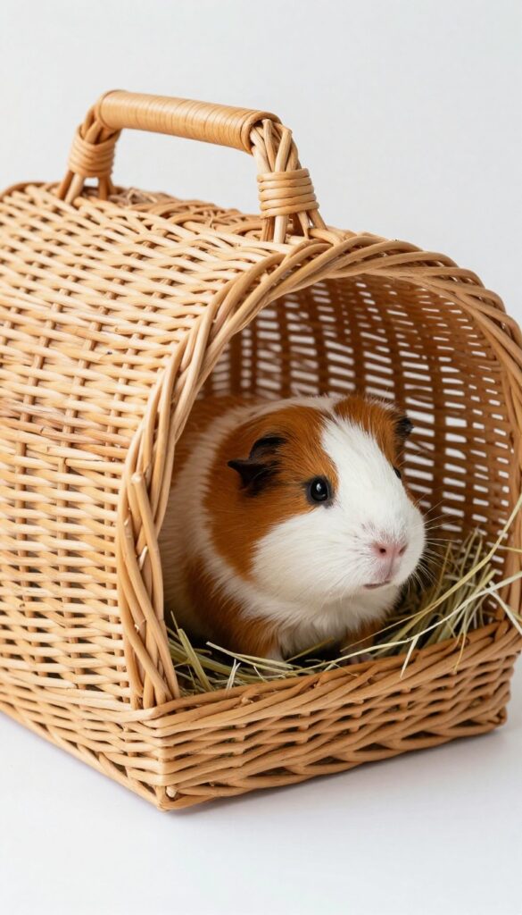 A guinea pig peeking out from a wicker basket hideout in a cage