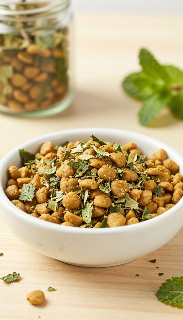 Homemade mint flake topper sprinkled over dog kibble in a bowl, with dried mint leaves nearby.
