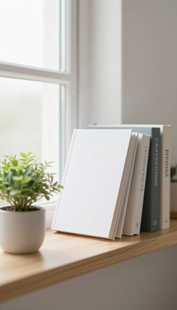 A hand dusting a clean wooden shelf with a microfiber cloth, natural light, dust particles visible, minimalist decor.