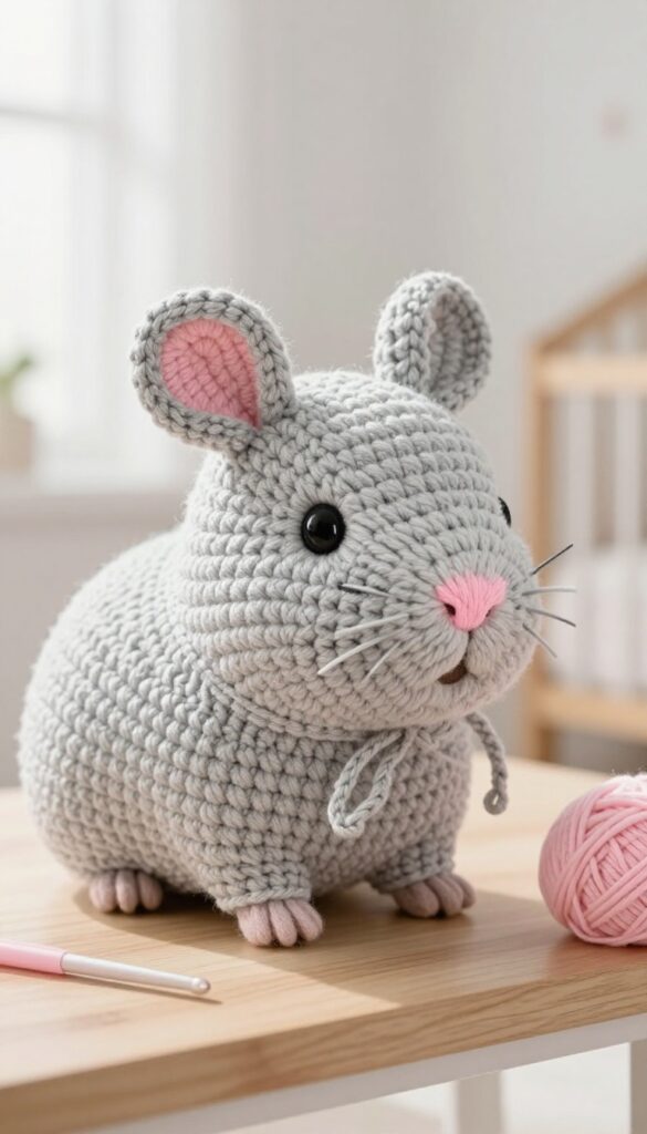 A crochet guinea pig hat for babies made of soft gray yarn, with ears, embroidered face details, and yarn ties, photographed in bright natural light on a wooden surface with knitting supplies.
