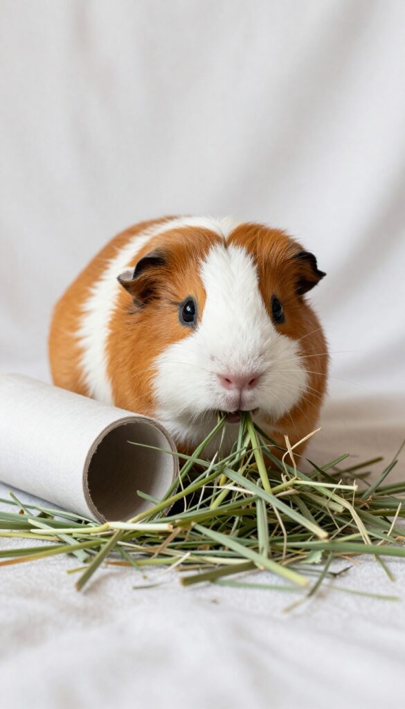 Guinea pig foraging with hay stuffed toy