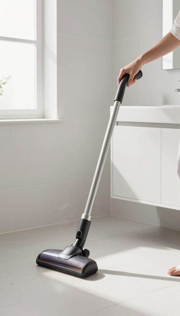 Person vacuuming bathroom floor with cordless stick vacuum before mopping, bright natural light, clean tile floor.