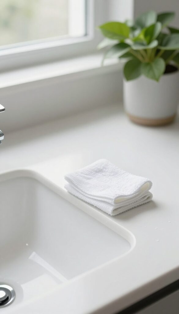 A clean bathroom countertop with a wet microfiber cloth, natural lighting, no text, realistic photography.