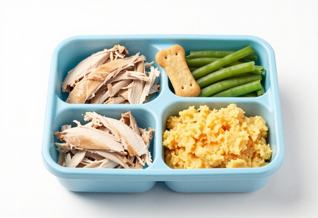 Homemade dog food bento box with chicken, sweet potato, and green beans for a party meal