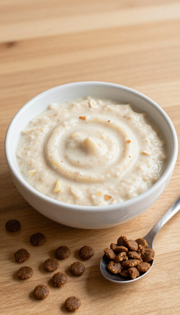 Homemade oatmeal and applesauce dog food topper being poured over kibble in a bowl, warm and creamy texture, natural light, pet food photography.