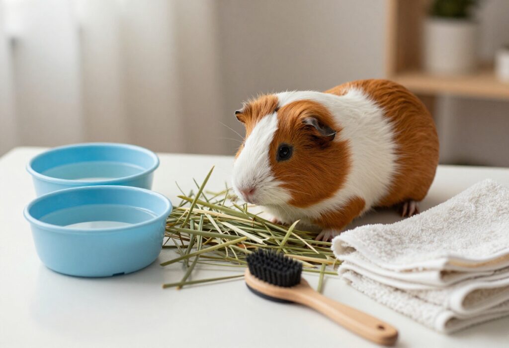 Clean indoor guinea pig cage with fleece liner, hay rack, and water bottle.