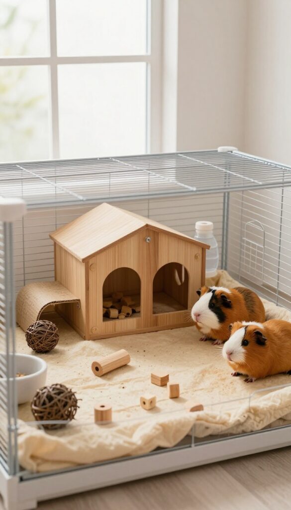 Guinea pig cage with chew toys, hideout, water bottle, and paper bedding in natural light